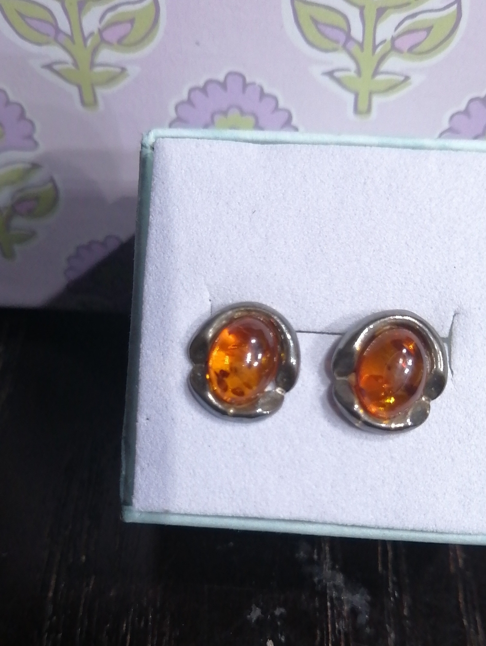 Natural Baltic Amber Cabochon Vintage Stud Earrings